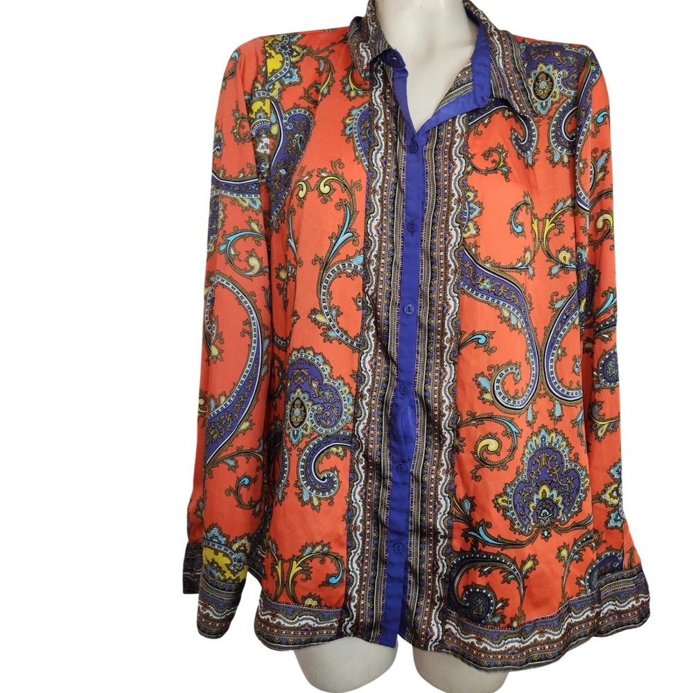 Nicole by Nicole Miller Orange Paisley Button Up Blouse Womens Large Long Sleeve